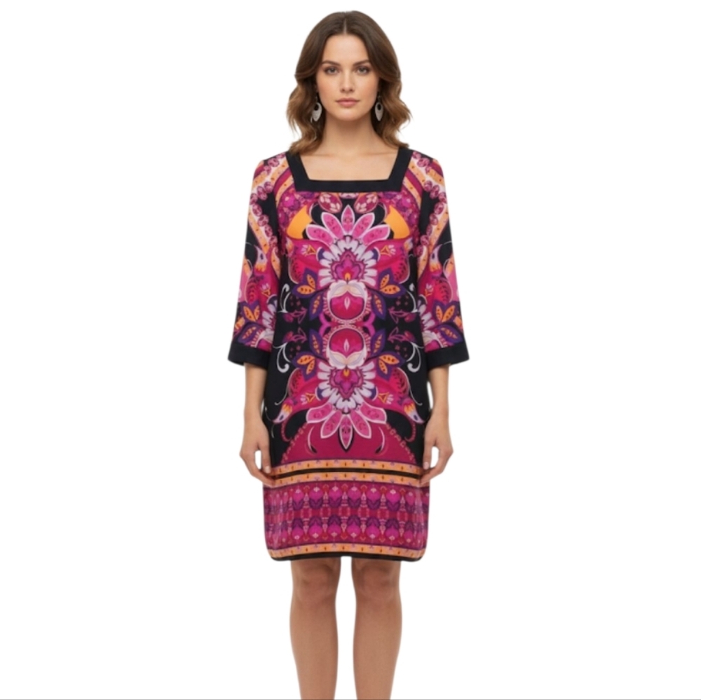 MUSE Jewel Tone Square Neck 3/4 Sleeve Midi Floral Print Dress Size 14